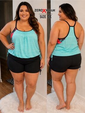 ZeroXposur Tankini Swim Top Size 0X Aqua Tropical Blouson Swimwear NWT